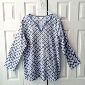 J Jill Size Large Split Neck Tunic Top Popover Cotton Blue White